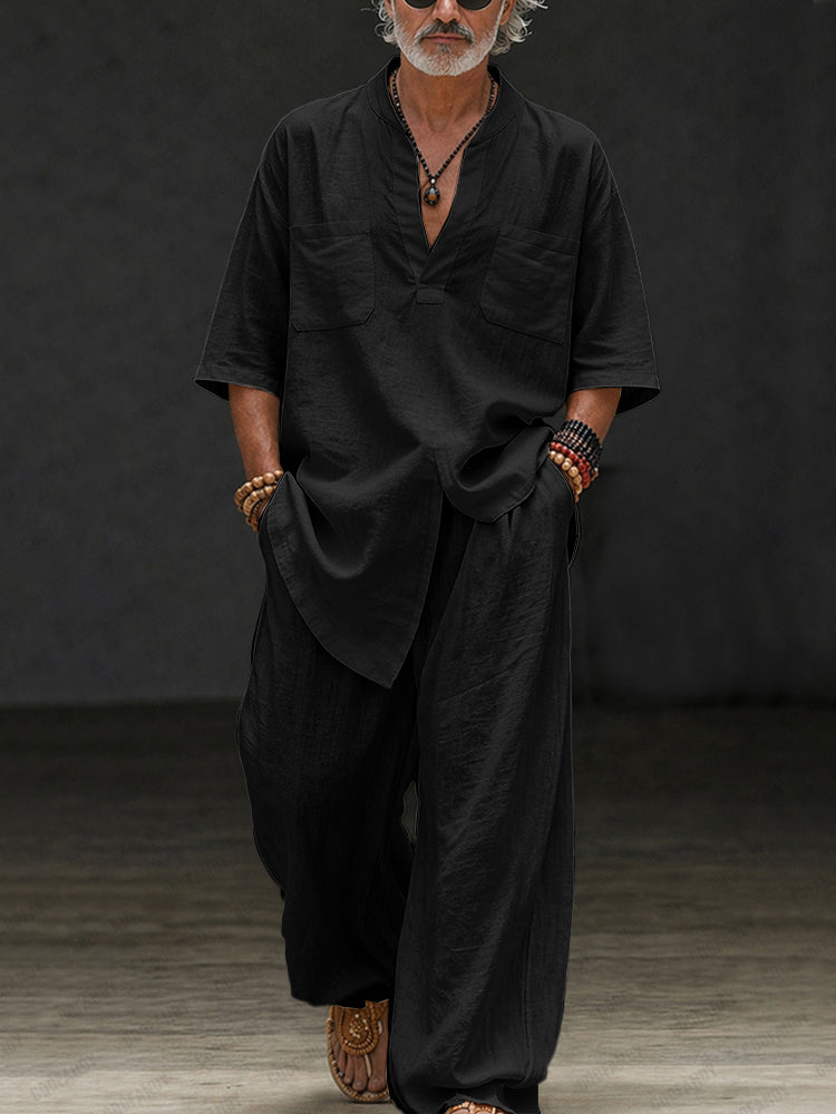 Casual Loose 100% Cotton V-Neck Top Pants Set