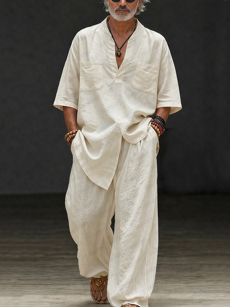 Casual Loose 100% Cotton V-Neck Top Pants Set