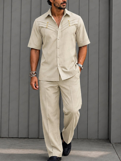Casual Metal Button Accent Shirt Pants Set