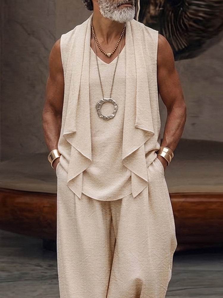 Stylish 100% Cotton Drape Front Sleeveless Top Pants Set