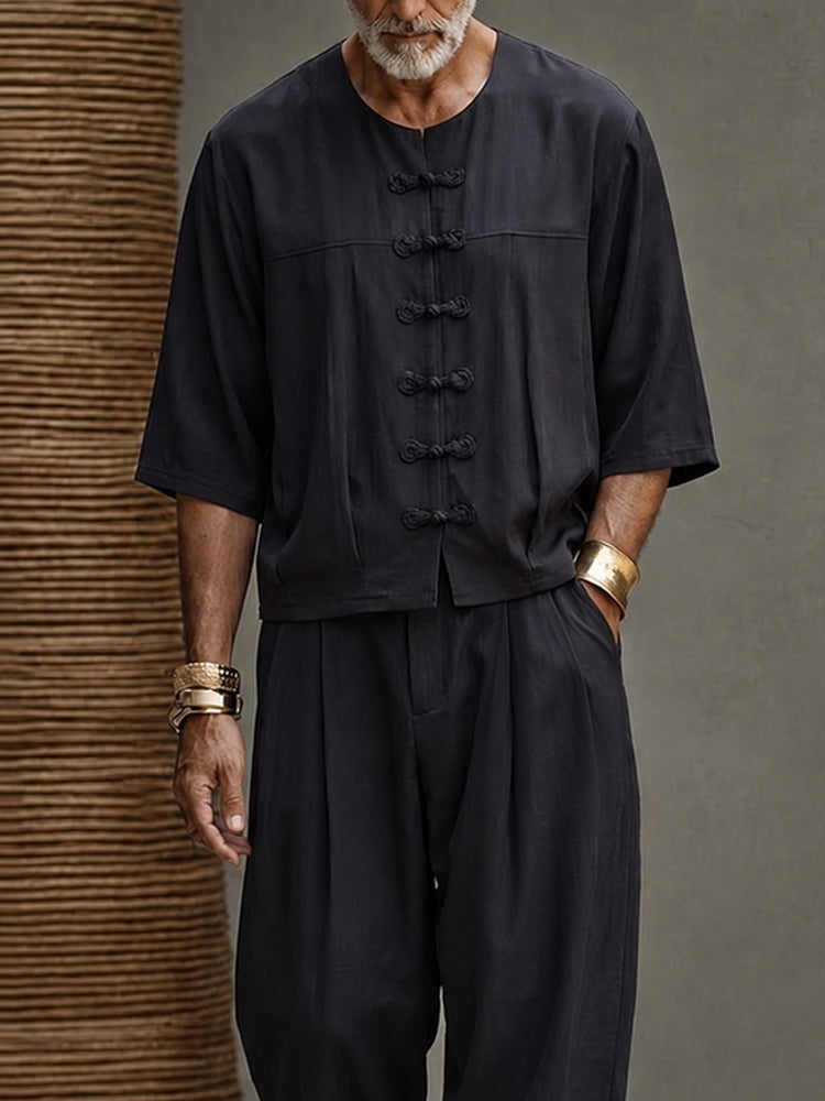 Casual Relaxed Fit Frog Button Shirt Pants Set