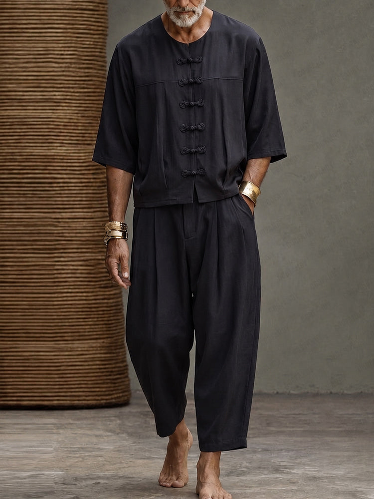 Casual Relaxed Fit Frog Button Shirt Pants Set