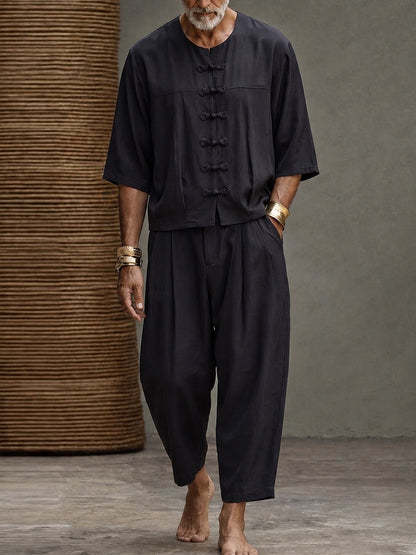 Casual Relaxed Fit Frog Button Shirt Pants Set