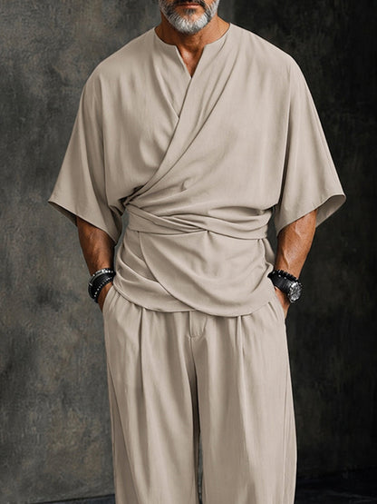 Minimalist Casual Wrap Shirt and Pants Co-Ord Set