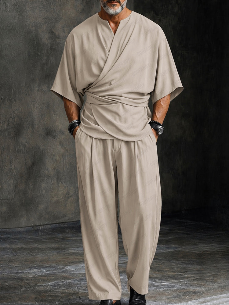 Minimalist Casual Wrap Shirt and Pants Co-Ord Set