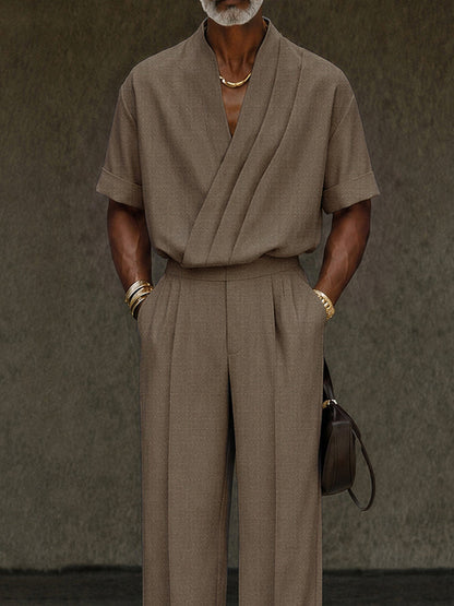 Contemporary Pleated Cross Placket Shirt Pants Set