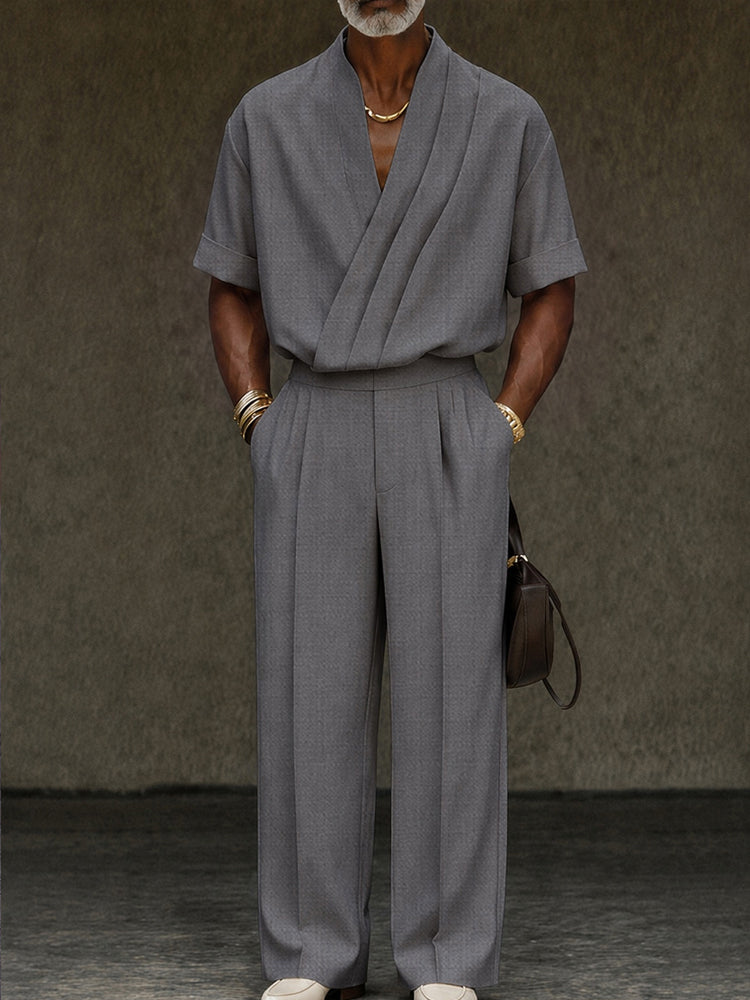 Contemporary Pleated Cross Placket Shirt Pants Set