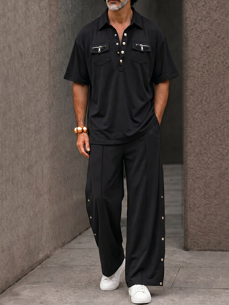 Streetwear Designer Double Pockets Polo Shirt Set