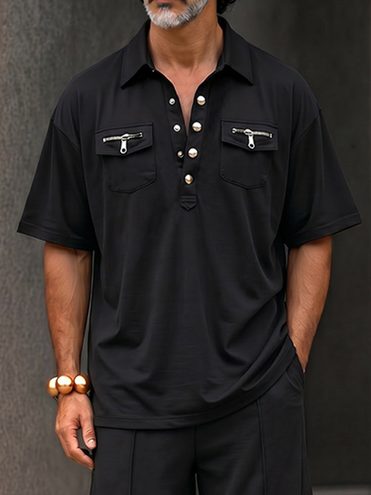 Streetwear Designer Double Pockets Polo Shirt Set