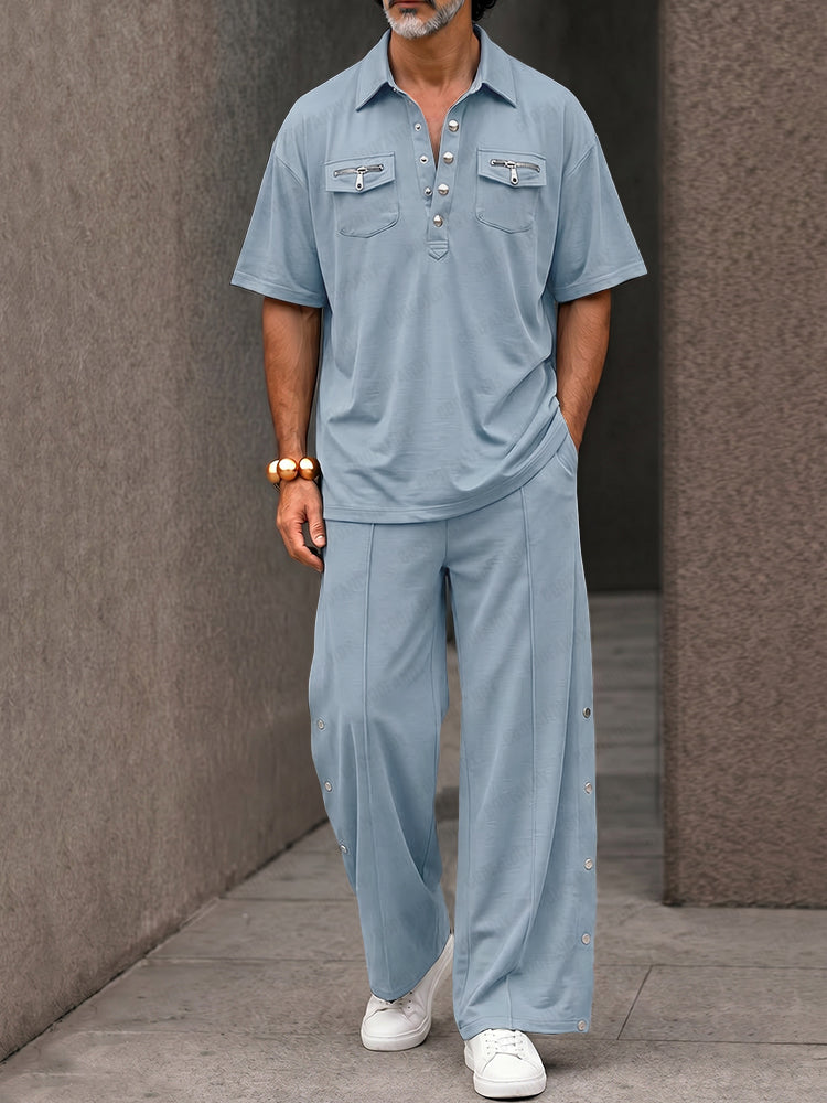Streetwear Designer Double Pockets Polo Shirt Set