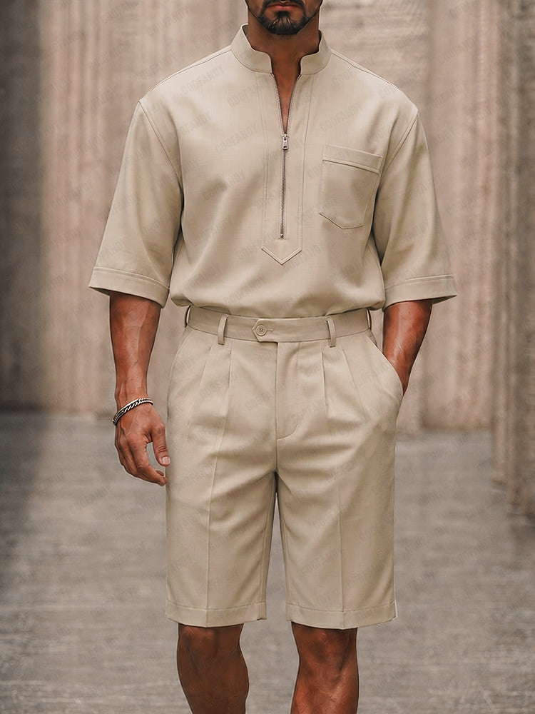 Smart Casual Half-Zip Shirt and Suit Shorts Set