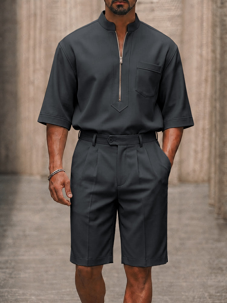 Smart Casual Half-Zip Shirt and Suit Shorts Set