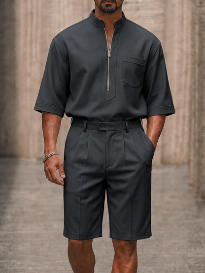 Smart Casual Half-Zip Shirt and Suit Shorts Set