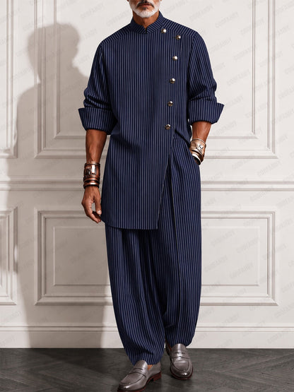 Refined Pinstripe Slit Longline Top Pants Set