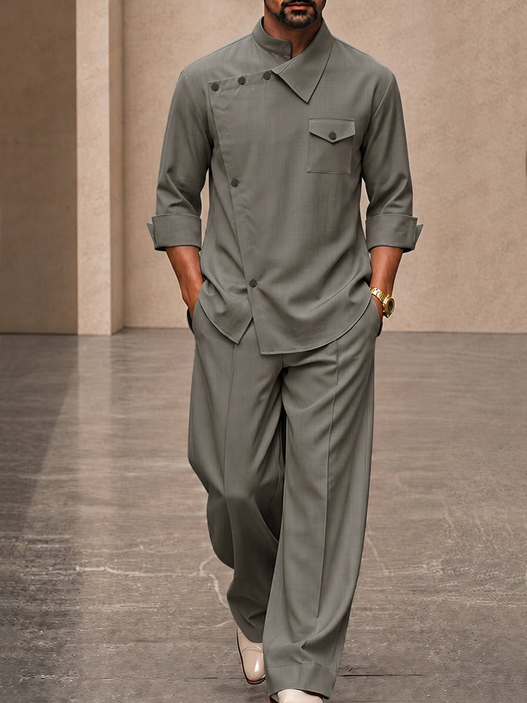 Casual Relaxed Fit Diagonal Closure Shirt Set
