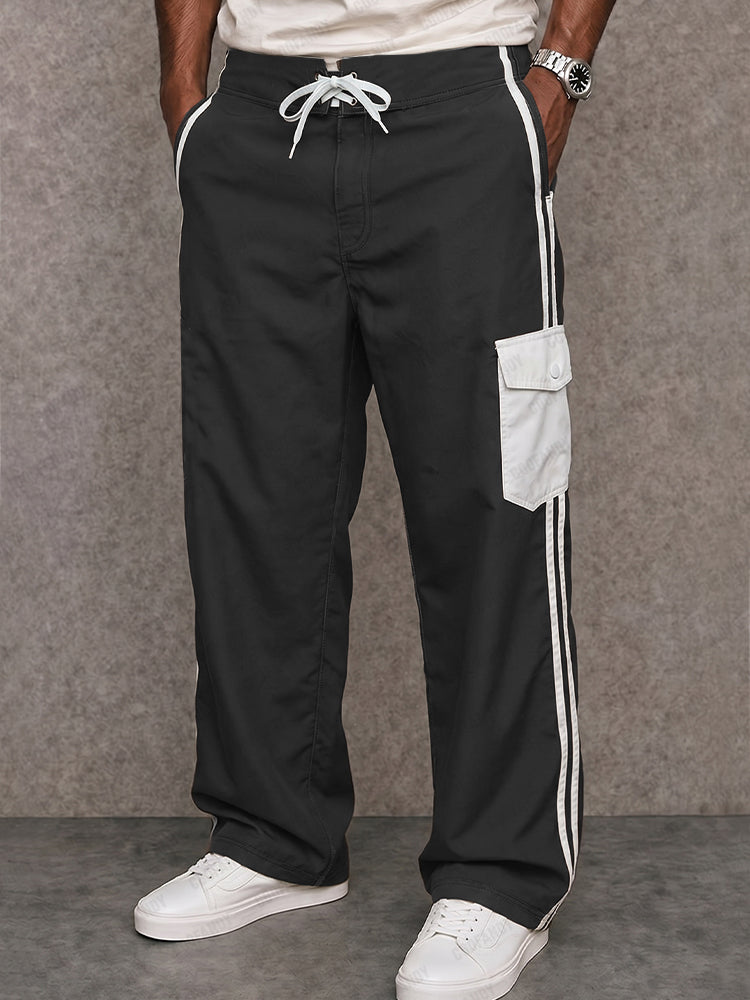 Sporty Contrast Color Cotton Drawstring Pants