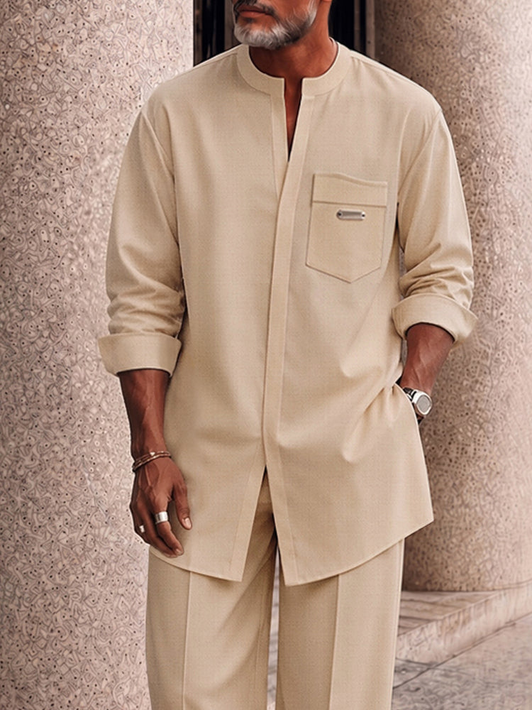 Casual Hidden Button Placket Shirt Pants Set