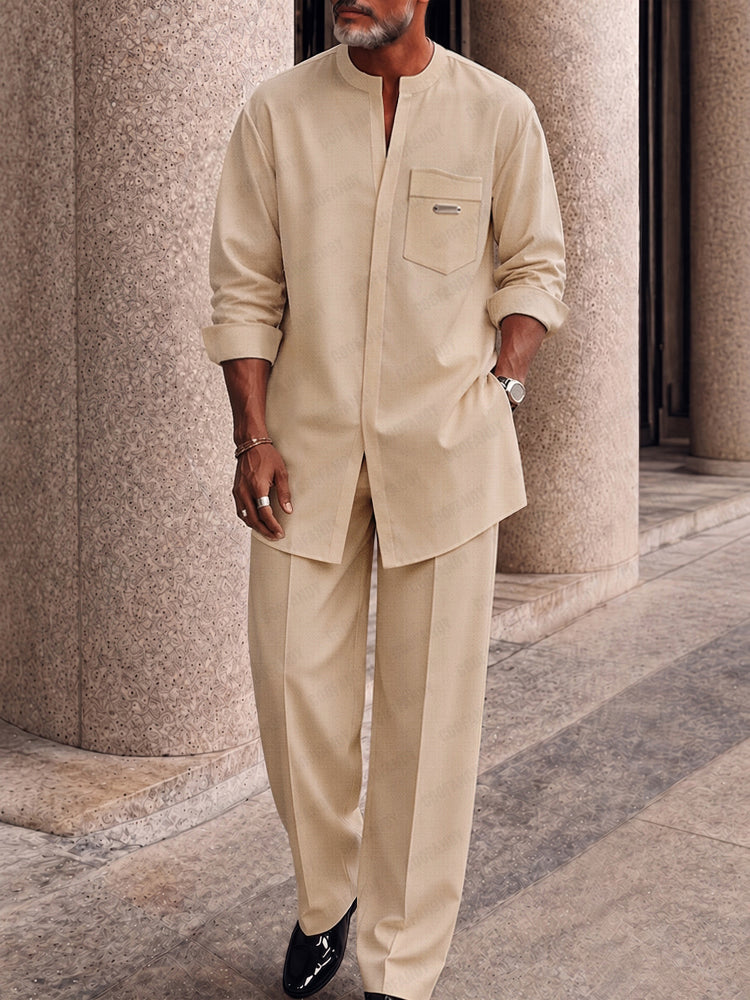 Casual Hidden Button Placket Shirt Pants Set