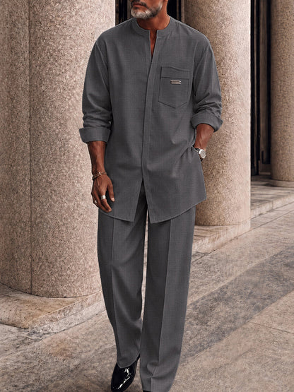 Casual Hidden Button Placket Shirt Pants Set