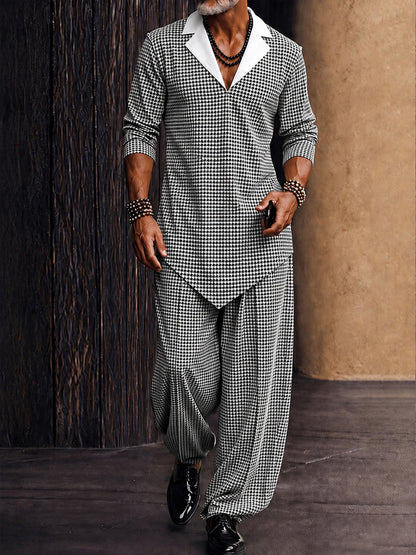 Casual Plaid Contrast Collar Shirt Pants Set