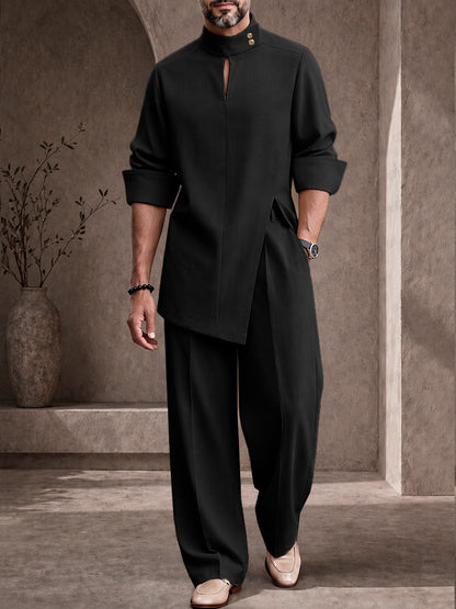 Casual Button-Neck Side Slit Shirt Pants Set