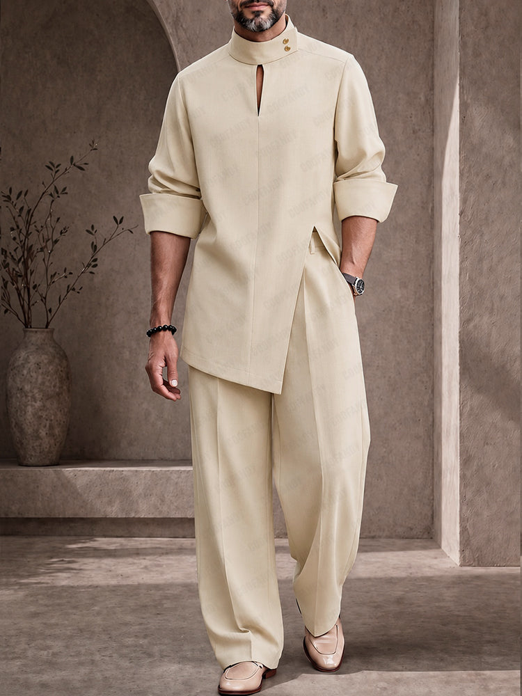 Casual Button-Neck Side Slit Shirt Pants Set