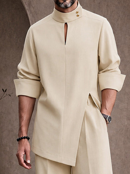 Casual Button-Neck Side Slit Shirt Pants Set