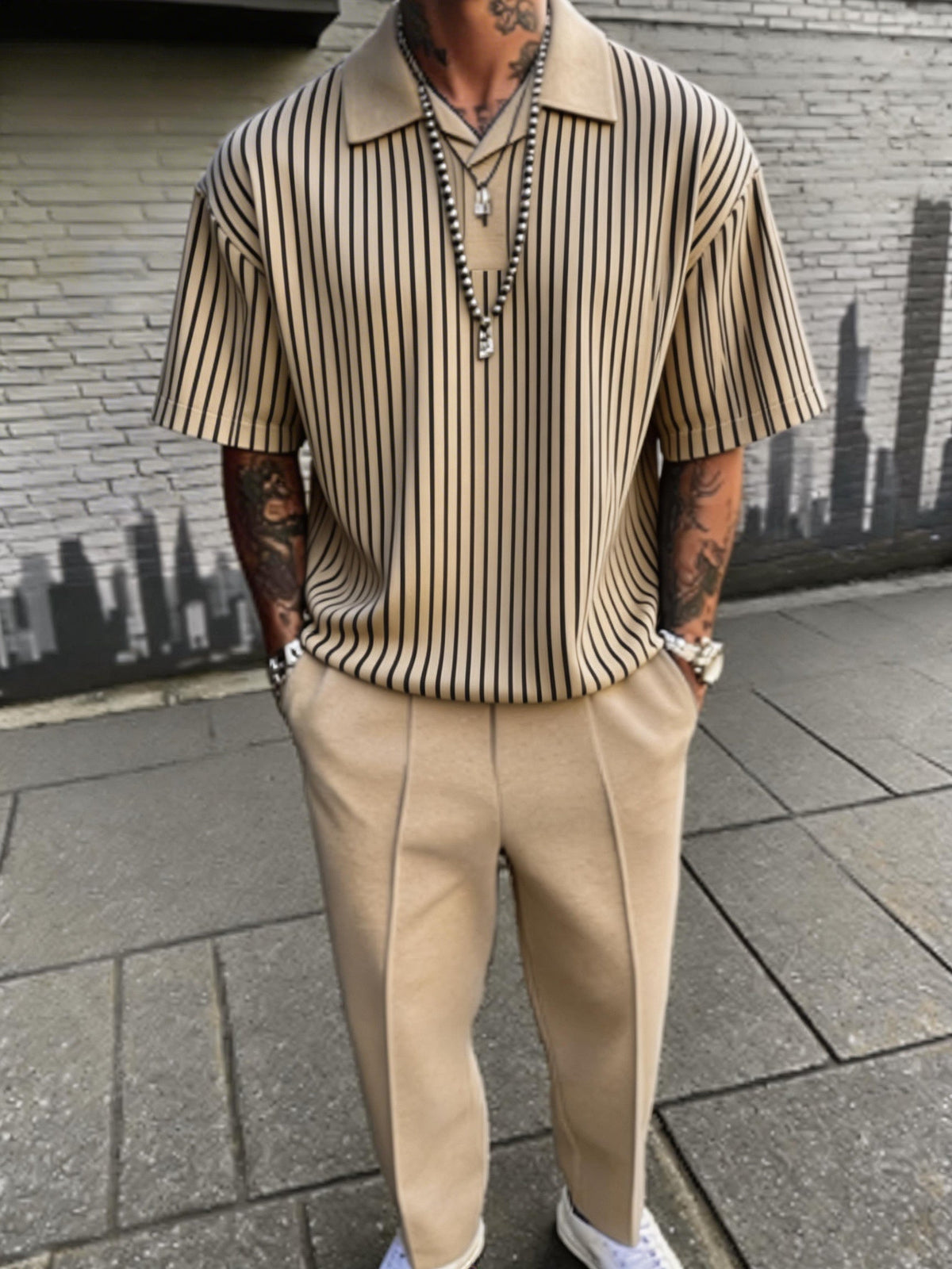 Vertical Striped Polo Shirt and Trousers 2 Piece Set