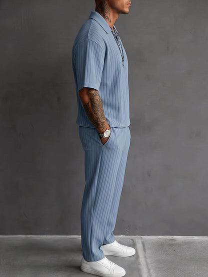 Solid Textured Polo Shirt and Trousers 2 Piece Set
