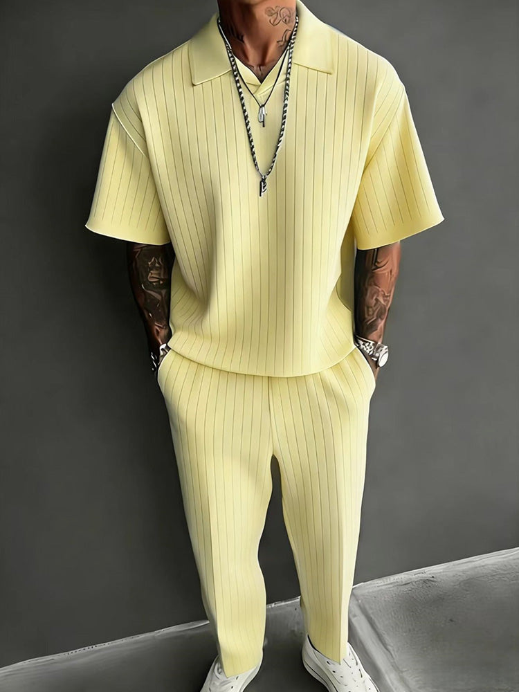 Solid Textured Polo Shirt and Trousers 2 Piece Set