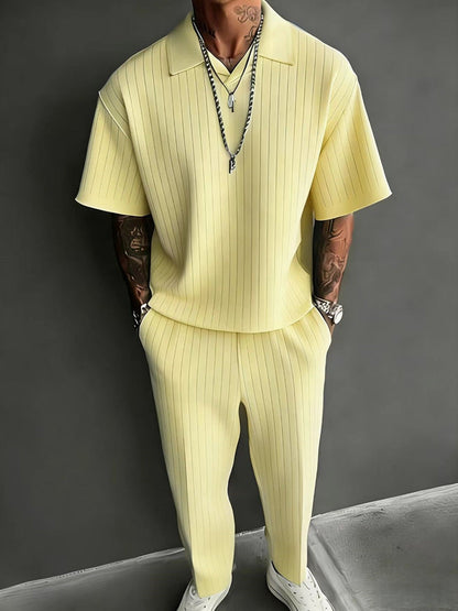 Solid Textured Polo Shirt and Trousers 2 Piece Set