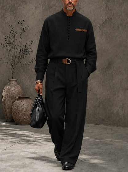 Modern Retro Half-Button Suit Shirt Pants Set