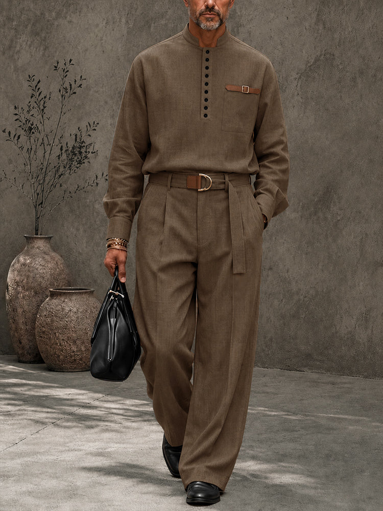 Modern Retro Half-Button Suit Shirt Pants Set