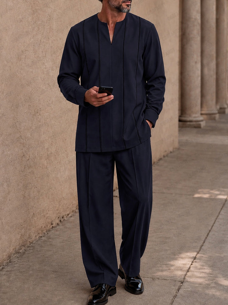 Casual Contrast Line Tunic Shirt Pants Set