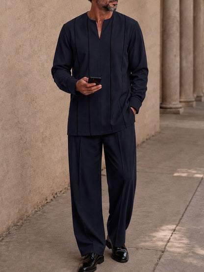 Casual Contrast Line Tunic Shirt Pants Set