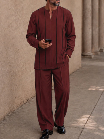Casual Contrast Line Tunic Shirt Pants Set