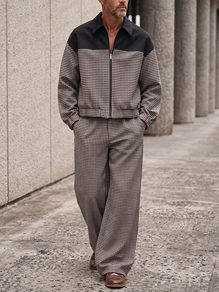 Vintage Houndstooth Splicing Jacket Pants Set