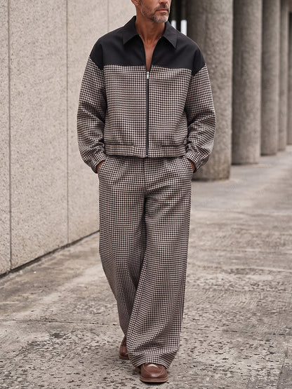 Vintage Houndstooth Splicing Jacket Pants Set