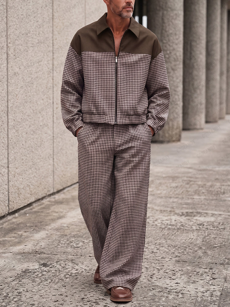 Vintage Houndstooth Splicing Jacket Pants Set