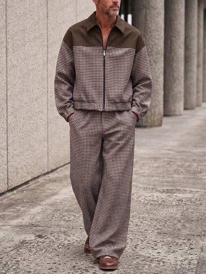 Vintage Houndstooth Splicing Jacket Pants Set