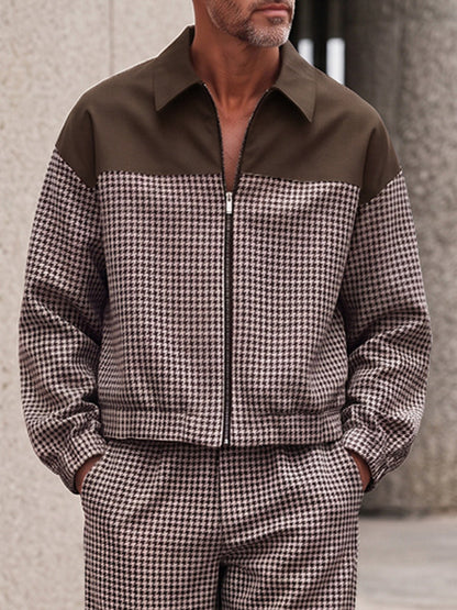 Vintage Houndstooth Splicing Jacket Pants Set