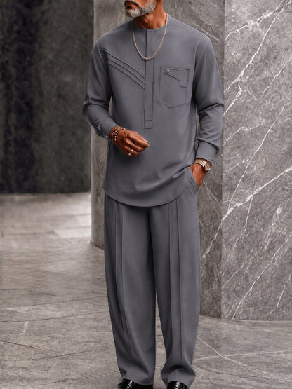 Modern Casual Collarless Shirt Pants Set