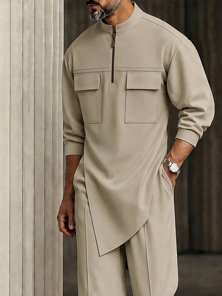 Stylish Asymmetric Hem Double Pocket Shirt Set