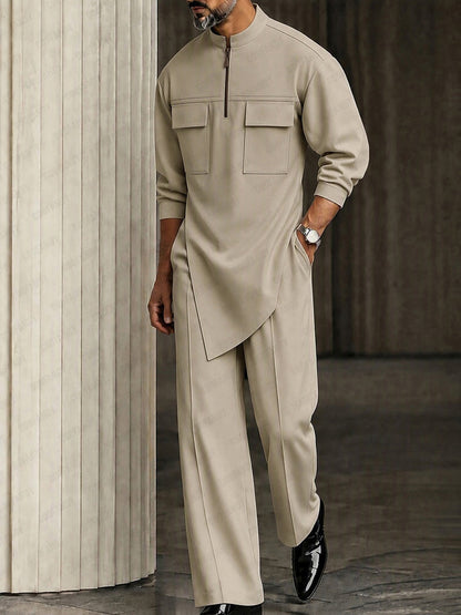 Stylish Asymmetric Hem Double Pocket Shirt Set