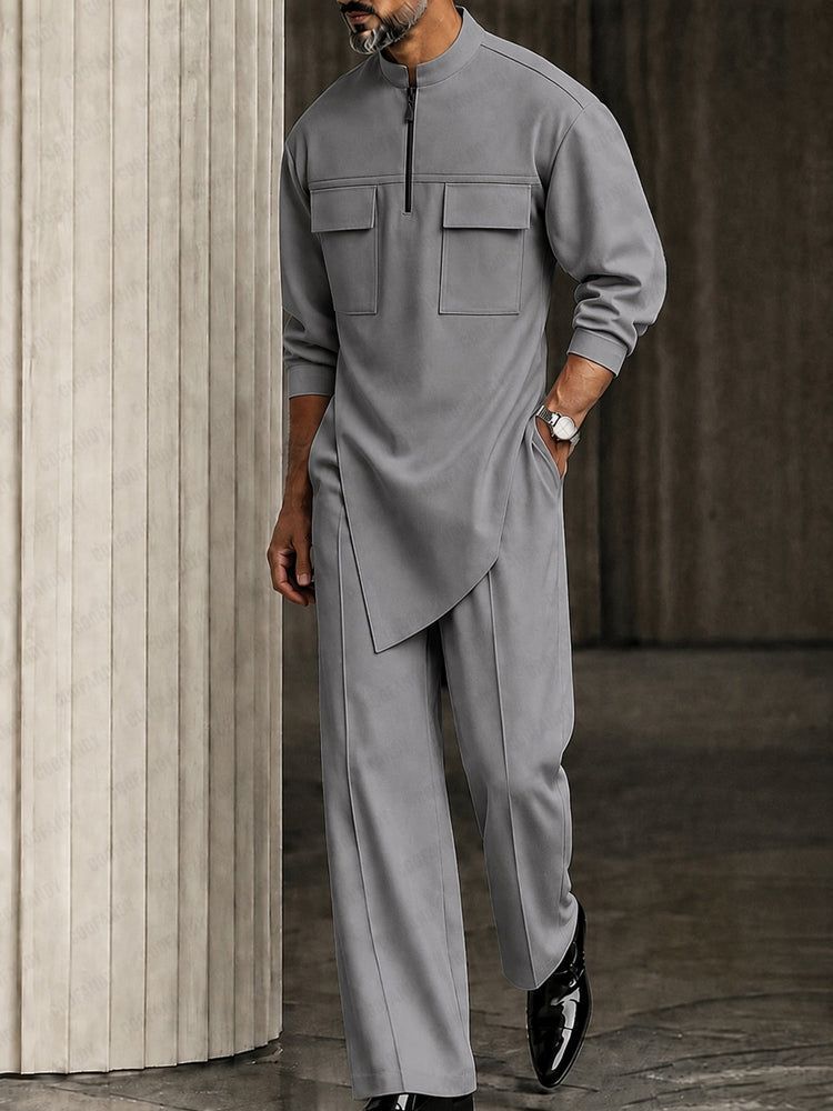 Stylish Asymmetric Hem Double Pocket Shirt Set