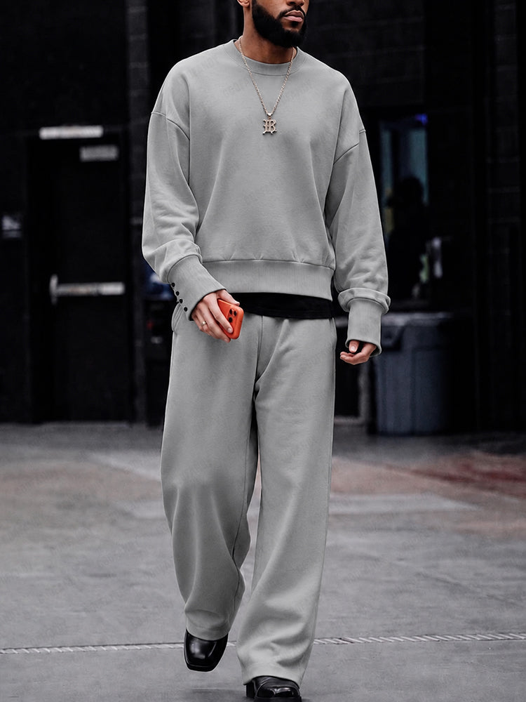 Casual Loose Button-Cuff Sweatshirt Set
