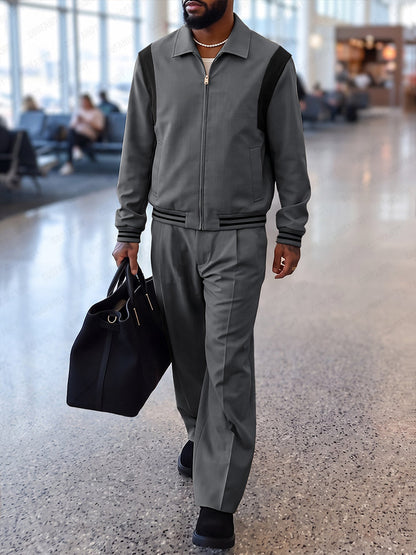 Casual Suit-Fabric Contrast Bomber Jacket Set