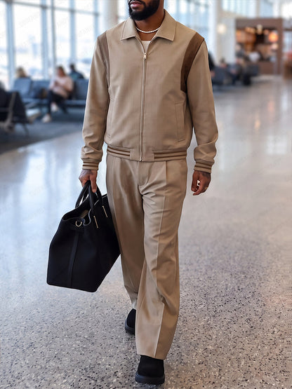 Casual Suit-Fabric Contrast Bomber Jacket Set