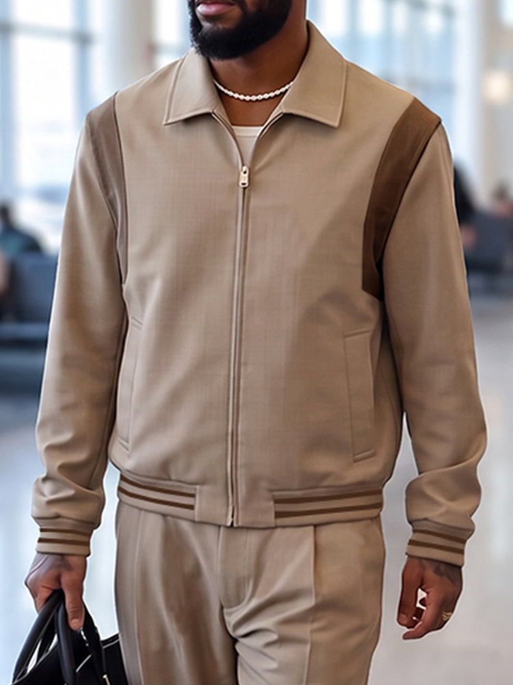 Casual Suit-Fabric Contrast Bomber Jacket Set