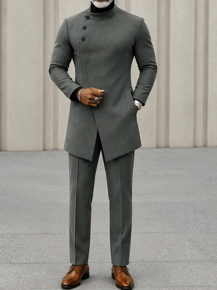 Minimalist Style Diagonal Placket Jacket Set